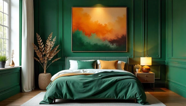 A dark green bedroom featuring two-tone wall art with contrasting colors, adding depth and visual interest to the elegant decor.