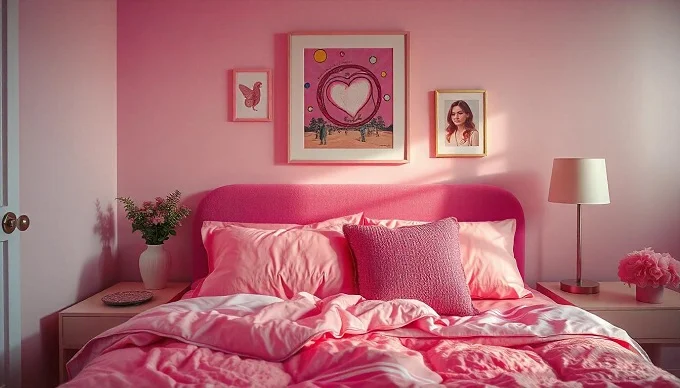 Bedroom featuring bold pink walls, a matching area rug, and neutral furniture