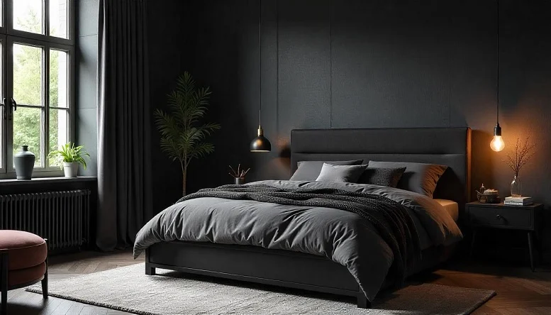 Black bedroom featuring natural materials like slate and wood, with soft lighting and minimalist decor. 