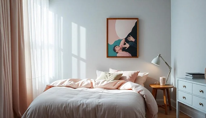 Modern bedroom with pink walls and a turquoise accent painting for contrast