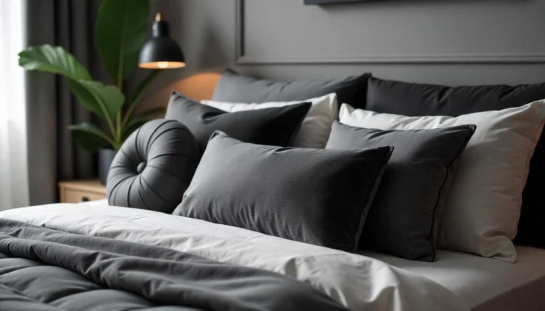 Velvet black and grey cushions arranged on a bed for a luxurious touch. 