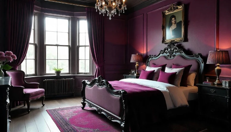 A Gothic bedroom featuring Victorian-style furniture with dark wooden finishes, ornate detailing, and moody lighting, accented by deep red and black textiles.