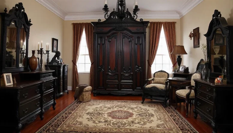 A gothic bedroom featuring dark walls, ornate furniture, and dramatic lighting.