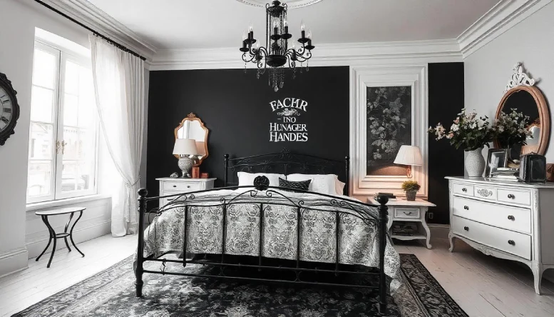 A black and white bedroom styled with vintage elegance, featuring antique furniture, classic patterns, and cozy textiles.