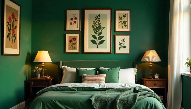 Create a unique and elegant ambiance in your dark green bedroom with a vintage gallery wall. This curated collection of antique frames and art pieces introduces character and charm, complementing the rich green backdrop. 