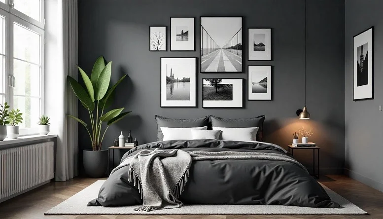 Grey wall with a black and white art collage above a stylish bed. 