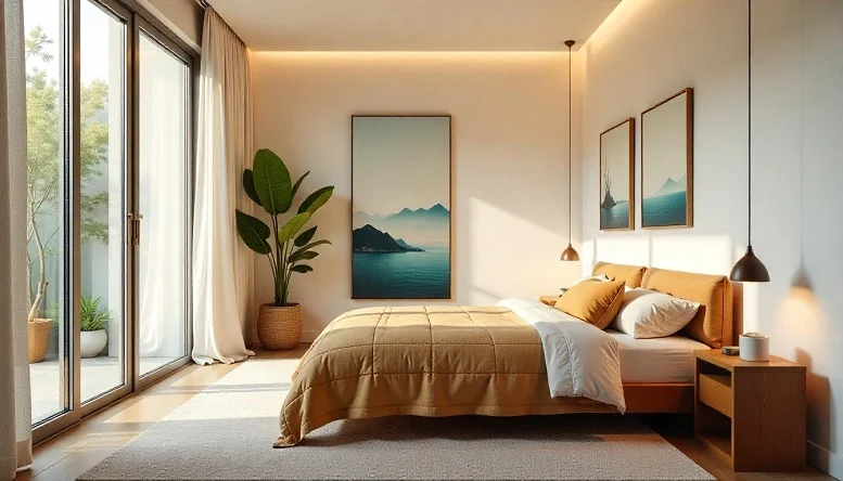 Mid century modern bedroom with a sunburst mirror and bold abstract wall art. 