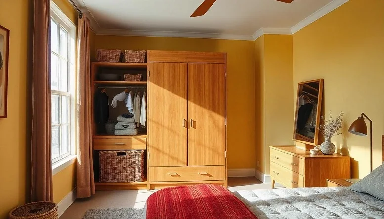 Sliding door wardrobe with walnut finish in a mid century modern bedroom.