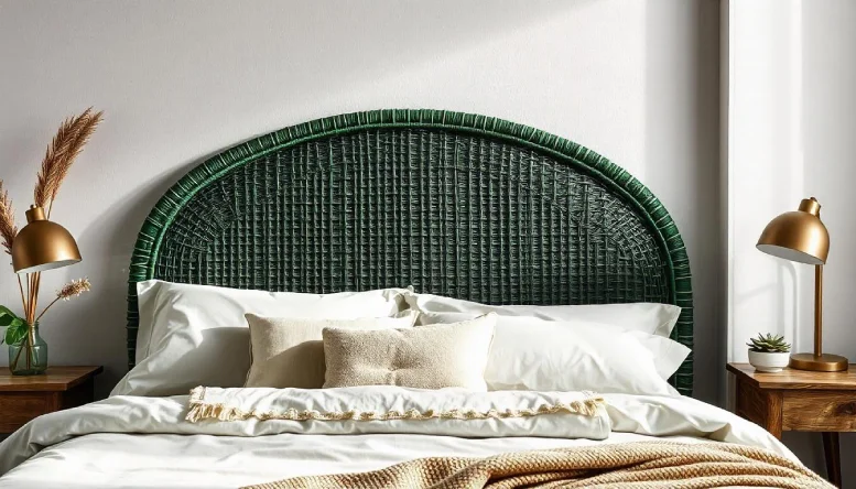 A bedroom featuring a woven green headboard against a dark green wall, complemented by elegant decor and soft lighting for a unique and sophisticated look.