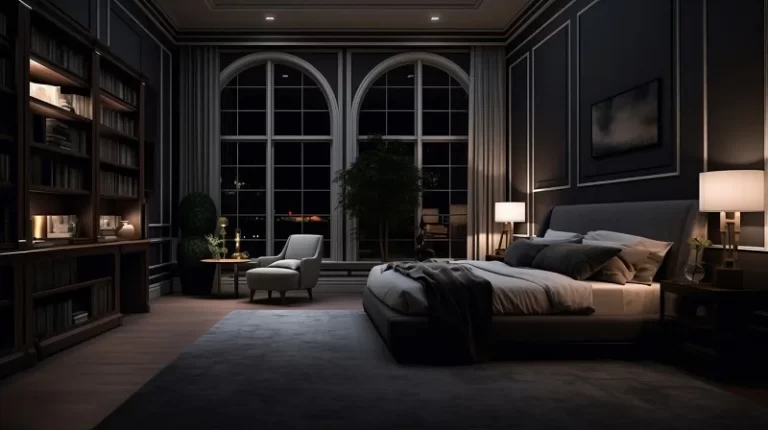 Luxurious black-themed bedroom with elegant paneling, large arched windows, a cozy bed, and warm ambient lighting creating a sophisticated atmosphere.