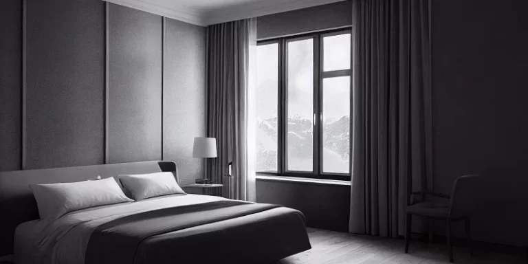 Minimalist black and gray bedroom with sleek panel walls, a cozy bed with neutral bedding, and a large window showcasing a snowy mountain view.