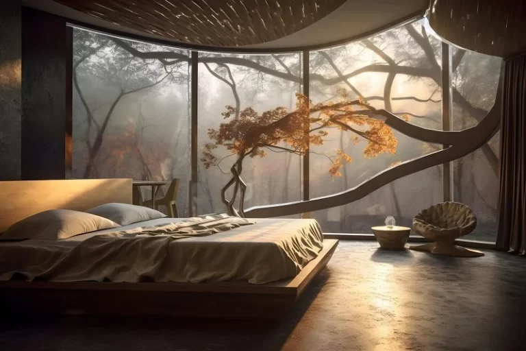 Nature-inspired bedroom with a floor-to-ceiling window offering a serene forest view, a wooden platform bed, and organic decor elements creating a tranquil ambiance.