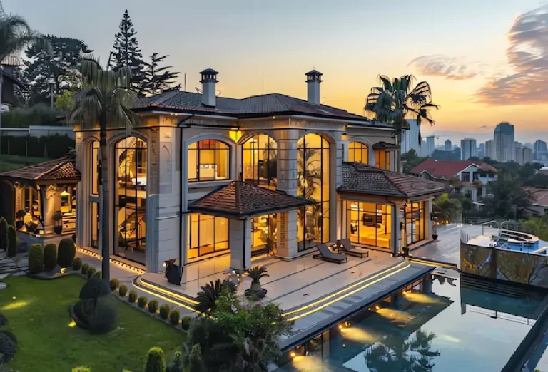 Aerial view of the Mickey Cohen House in Brentwood, showcasing its modest appearance and secure grounds, a testament to the fortified home of the infamous gangster.