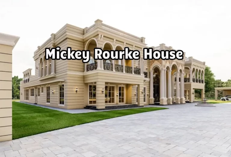 A photo of Mickey Rourke's Los Angeles home, showcasing its mid-century modern architecture and beautifully decorated garden, highlighting the luxurious features of Mickey Rourke House.