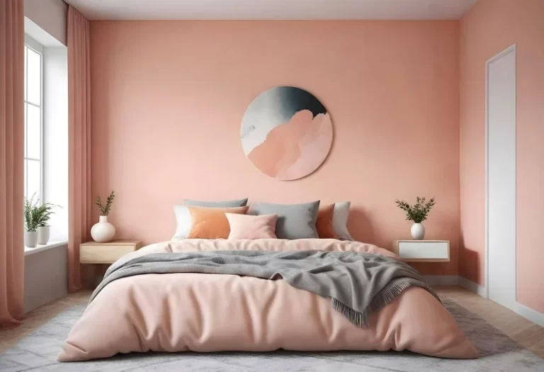 Elegant pink bedroom with a soft peach-toned wall, a cozy bed adorned with pastel bedding, and modern decor elements like a circular wall art and minimalist furniture.