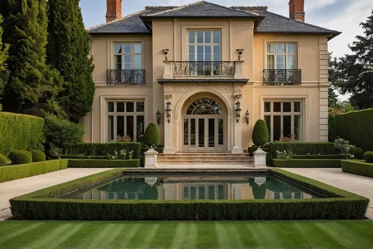 Morris Chestnut House in Calabasas featuring Mediterranean architecture, pool, and lush landscaping.